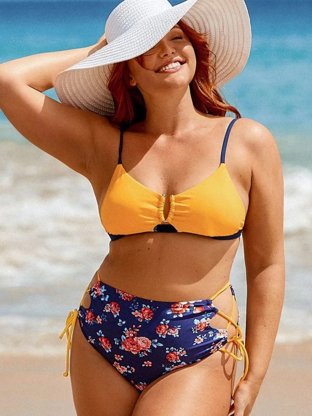 Cupshe Yellow & Navy Floral High-Waist Bikini Set